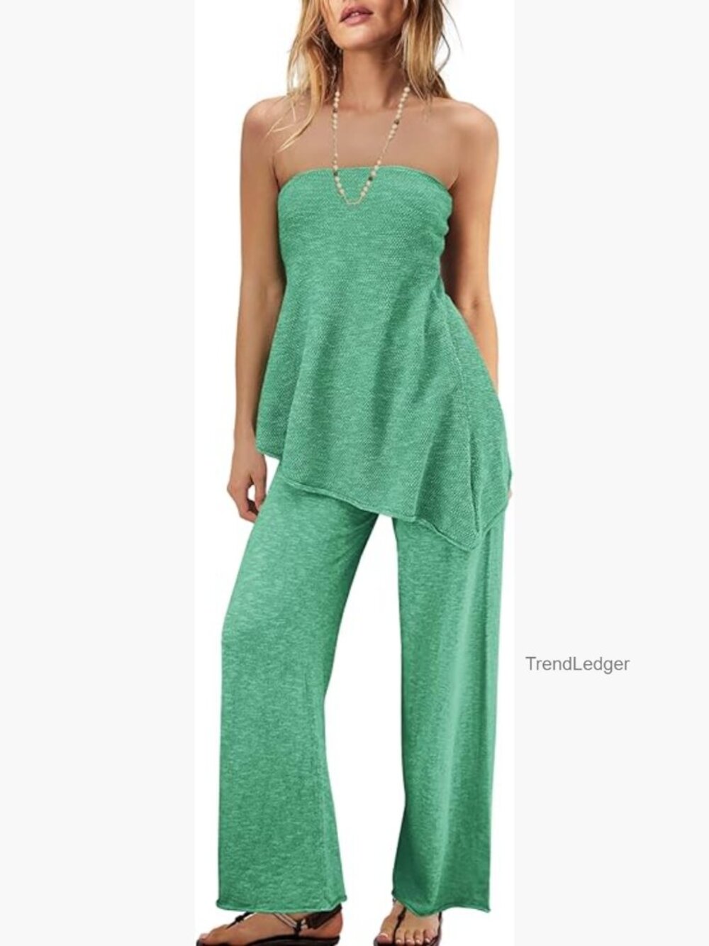 Off Shoulder Sweater Set 2 Piece Lounge Outfits Knit Tube Top and Wide Leg Pants